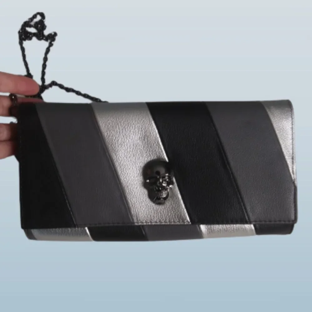 Sondra Roberts Squared Black Gray Silver Skull Charm Envelope Clutch Crossbody